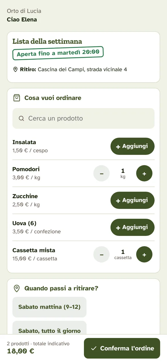 La pagina che vedono i clienti: i prodotti della settimana con i pulsanti più e meno, la scadenza e il totale