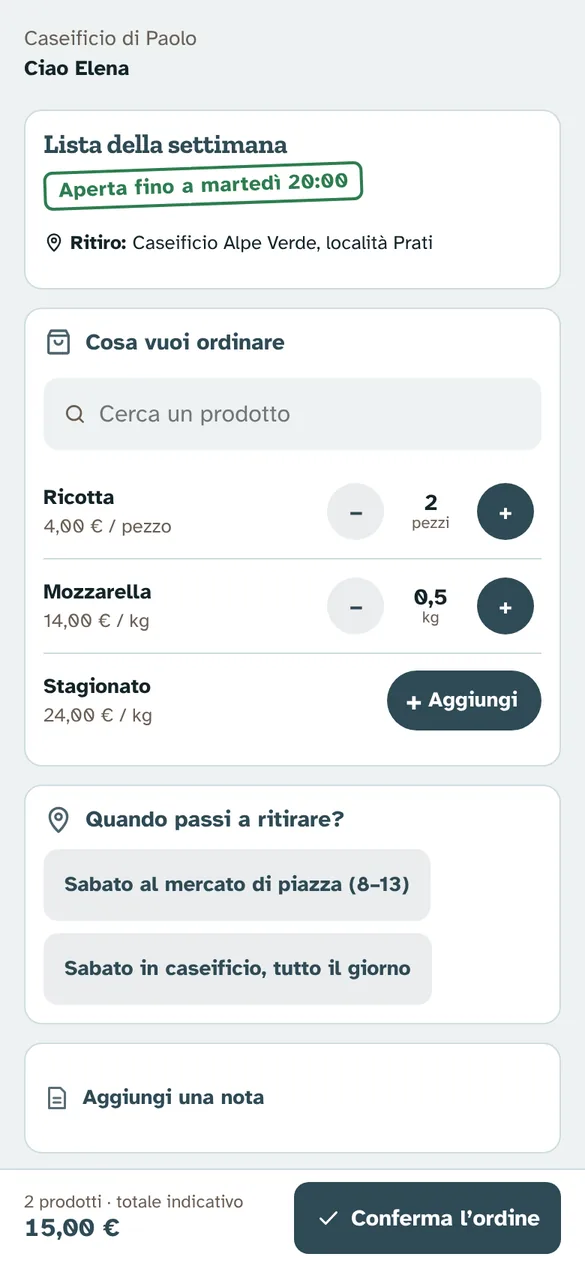 La pagina che vedono i clienti: i prodotti della settimana con i pulsanti più e meno, la scadenza e il totale