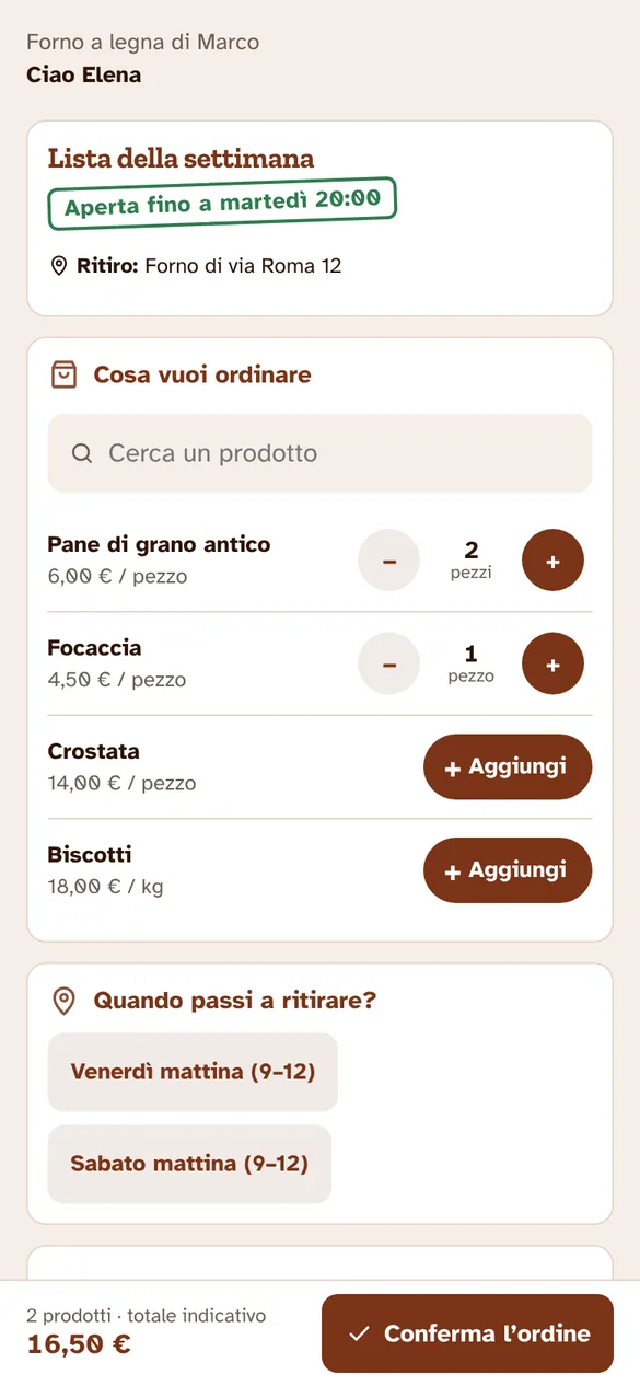 La pagina che vedono i clienti: i prodotti della settimana con i pulsanti più e meno, la scadenza e il totale