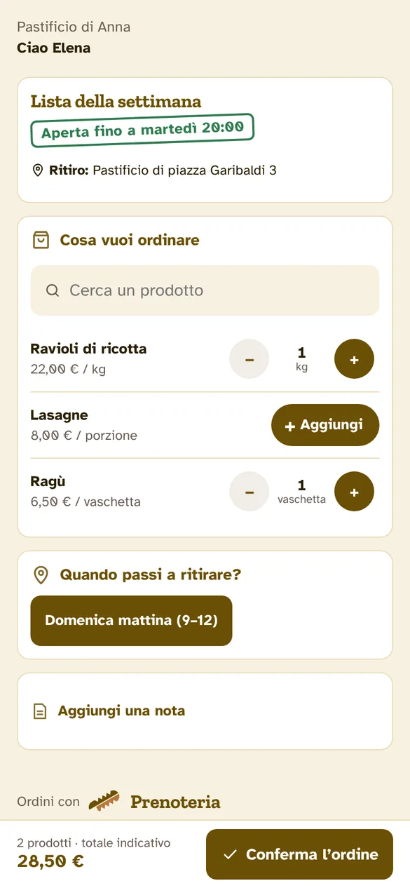 La pagina che vedono i clienti: i prodotti della settimana con i pulsanti più e meno, la scadenza e il totale